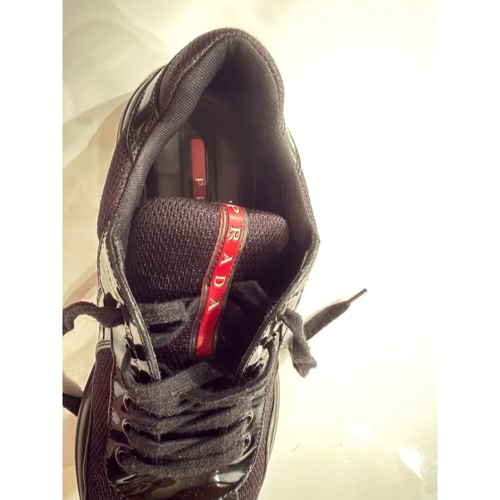 Prada Mens Americas Cup Black Patent Leather Mesh Lace-Up Sneakers US 7